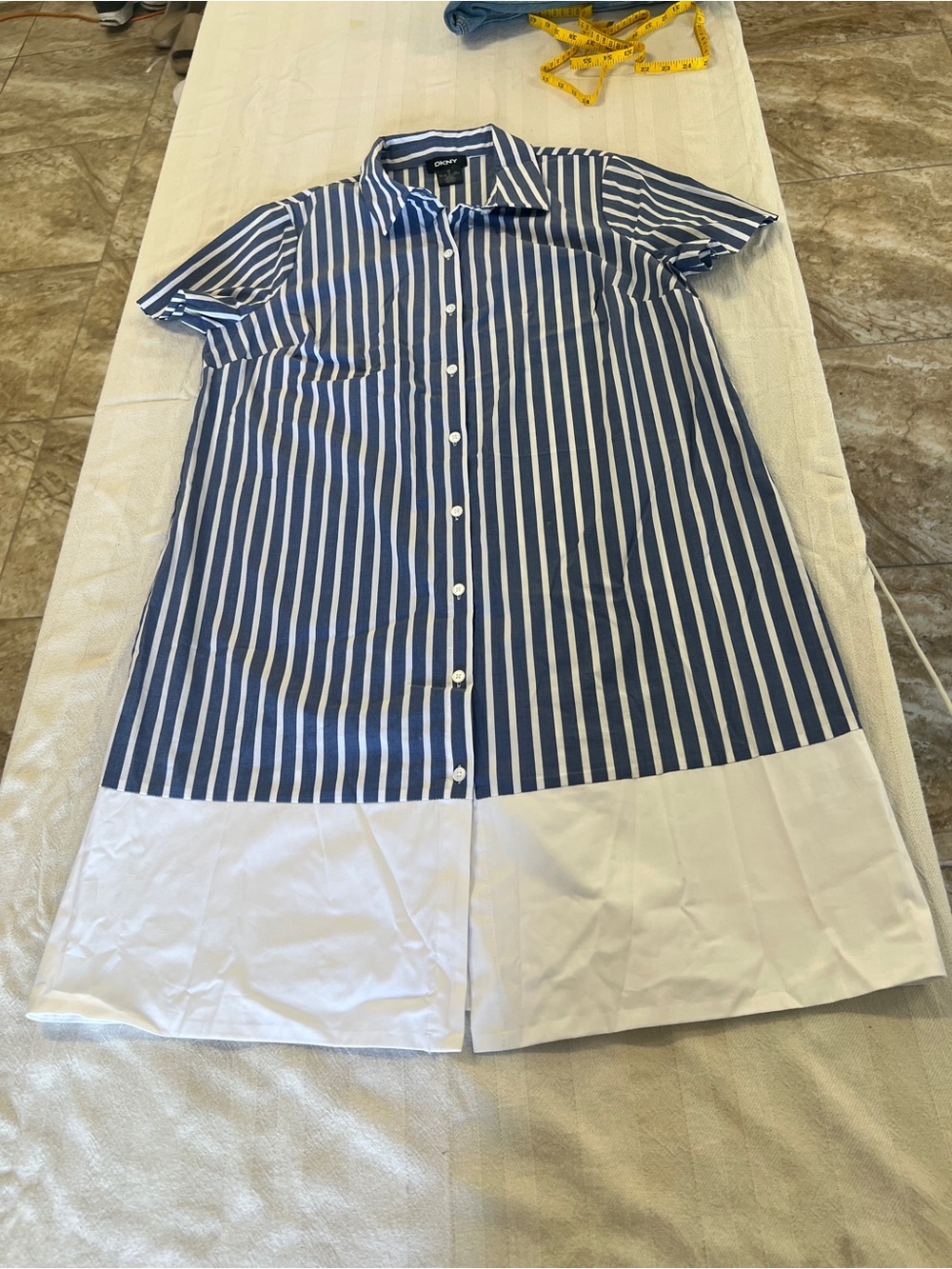 DKNY Navy and White Striped Button-Front Shirt Dress